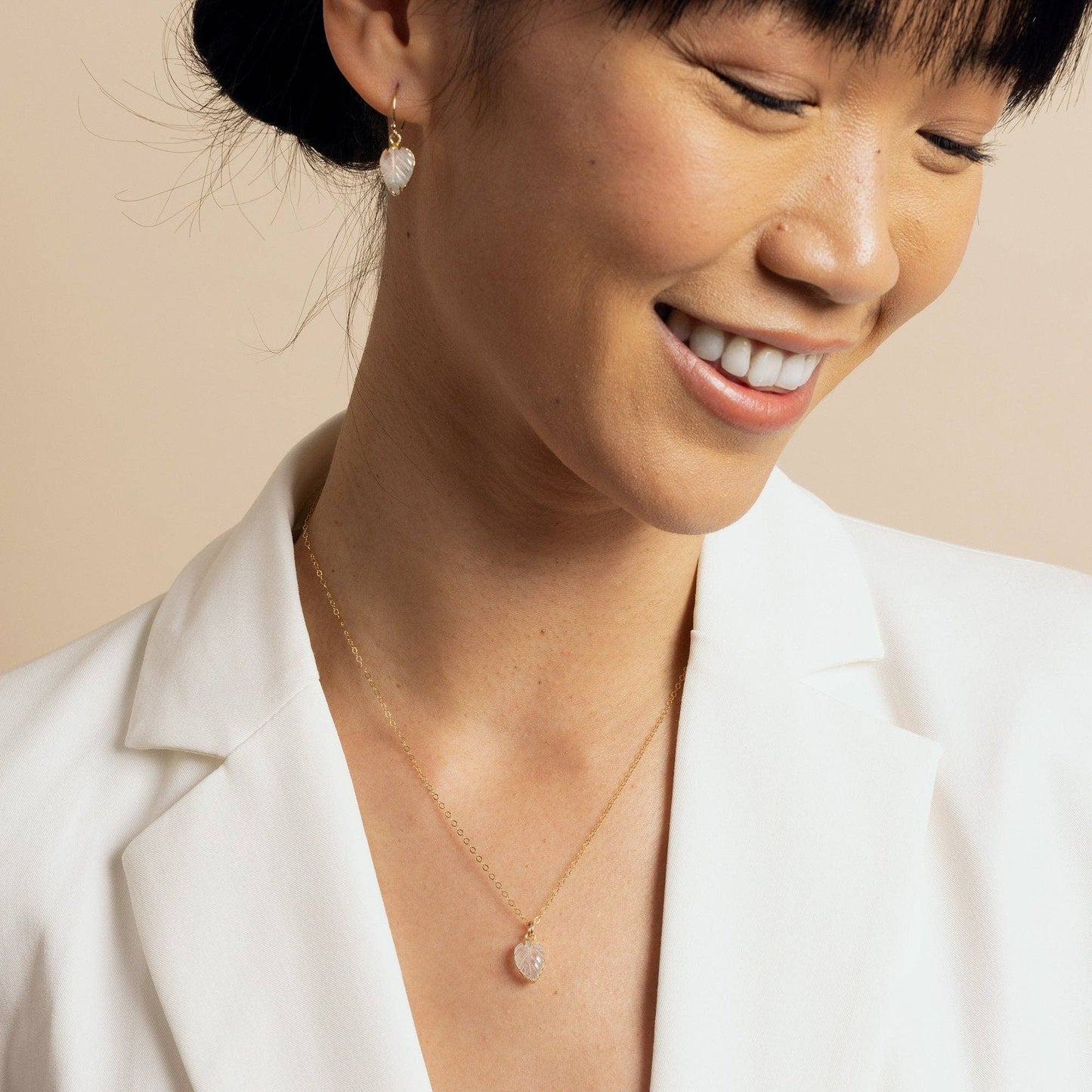 Moonstone Leaf Shape Gemstone Necklace and Earrings Set
