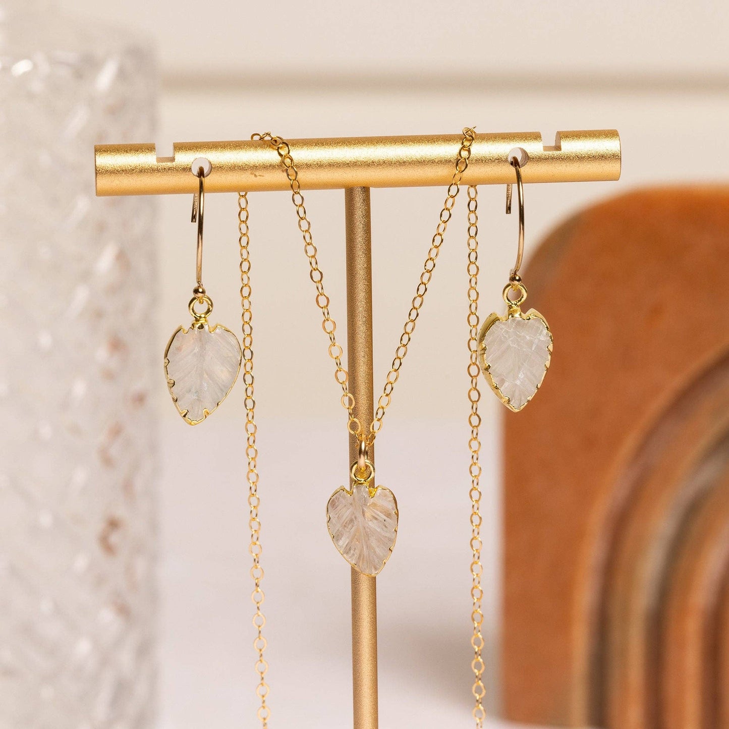 Moonstone Leaf Shape Gemstone Necklace and Earrings Set