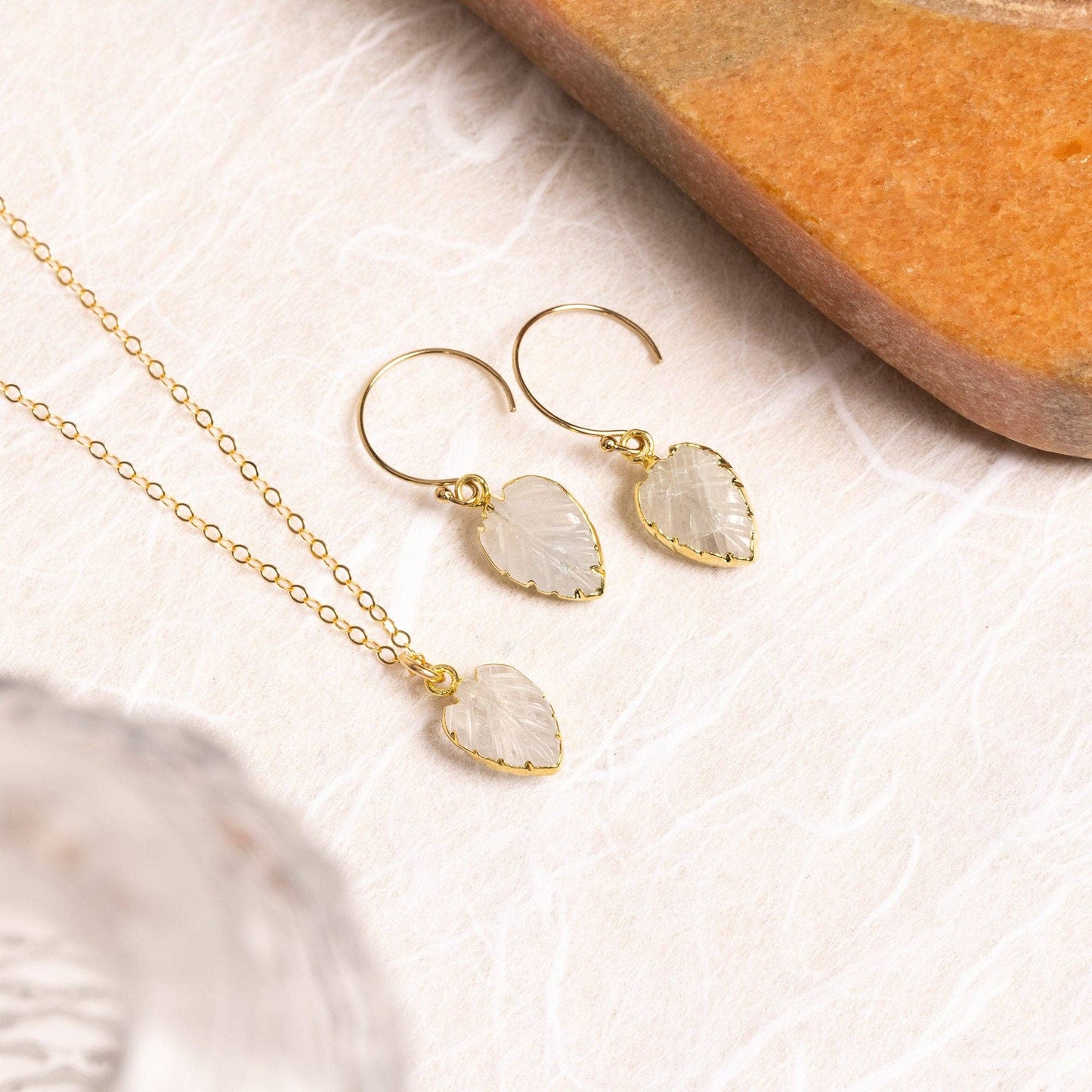 Moonstone Leaf Shape Gemstone Necklace and Earrings Set