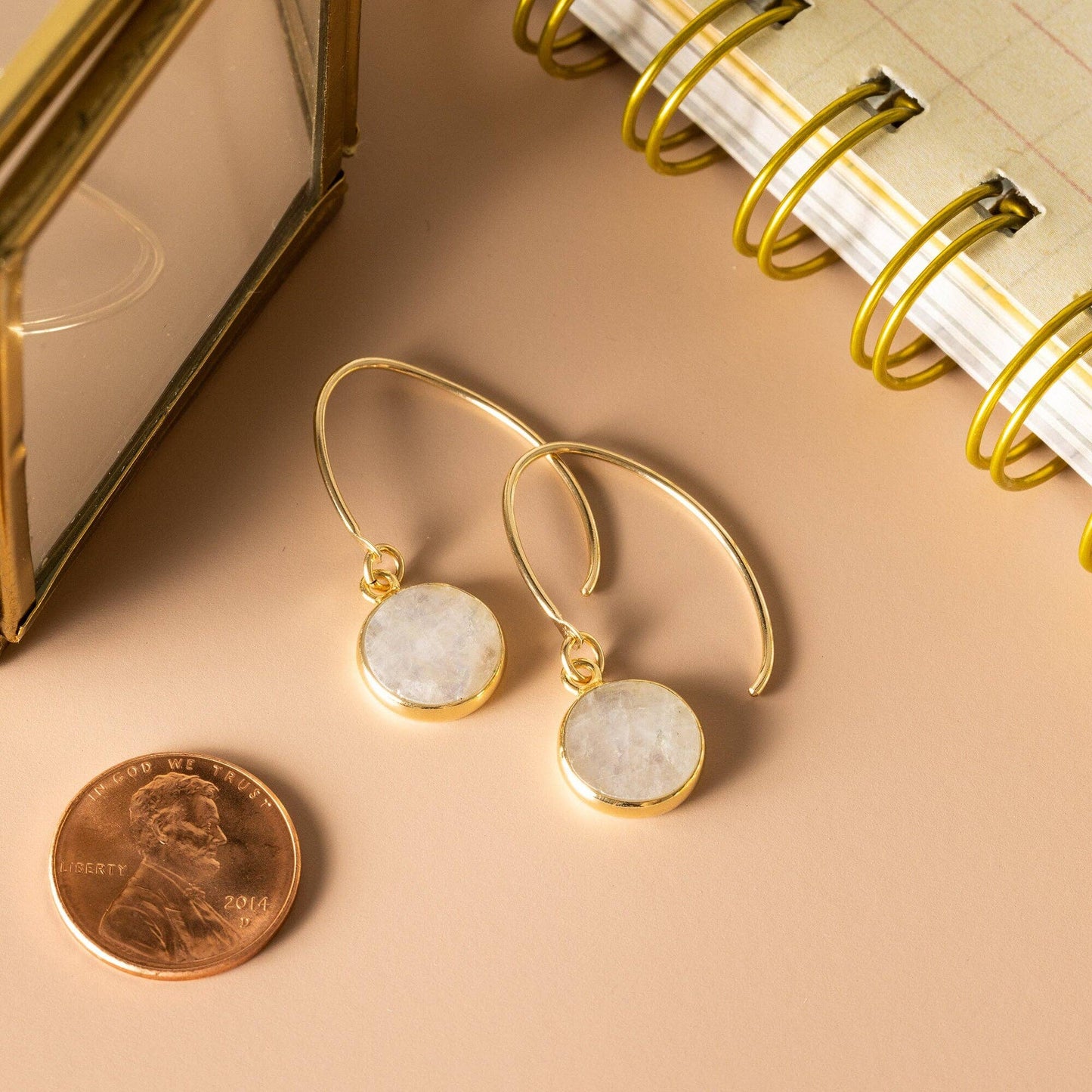Soul & Little Rose - Moonstone Round Disc Gold Drop Earrings