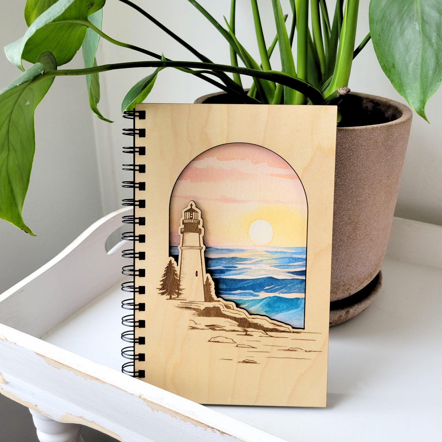 Journal - Beach lighthouse sunset wood journal
