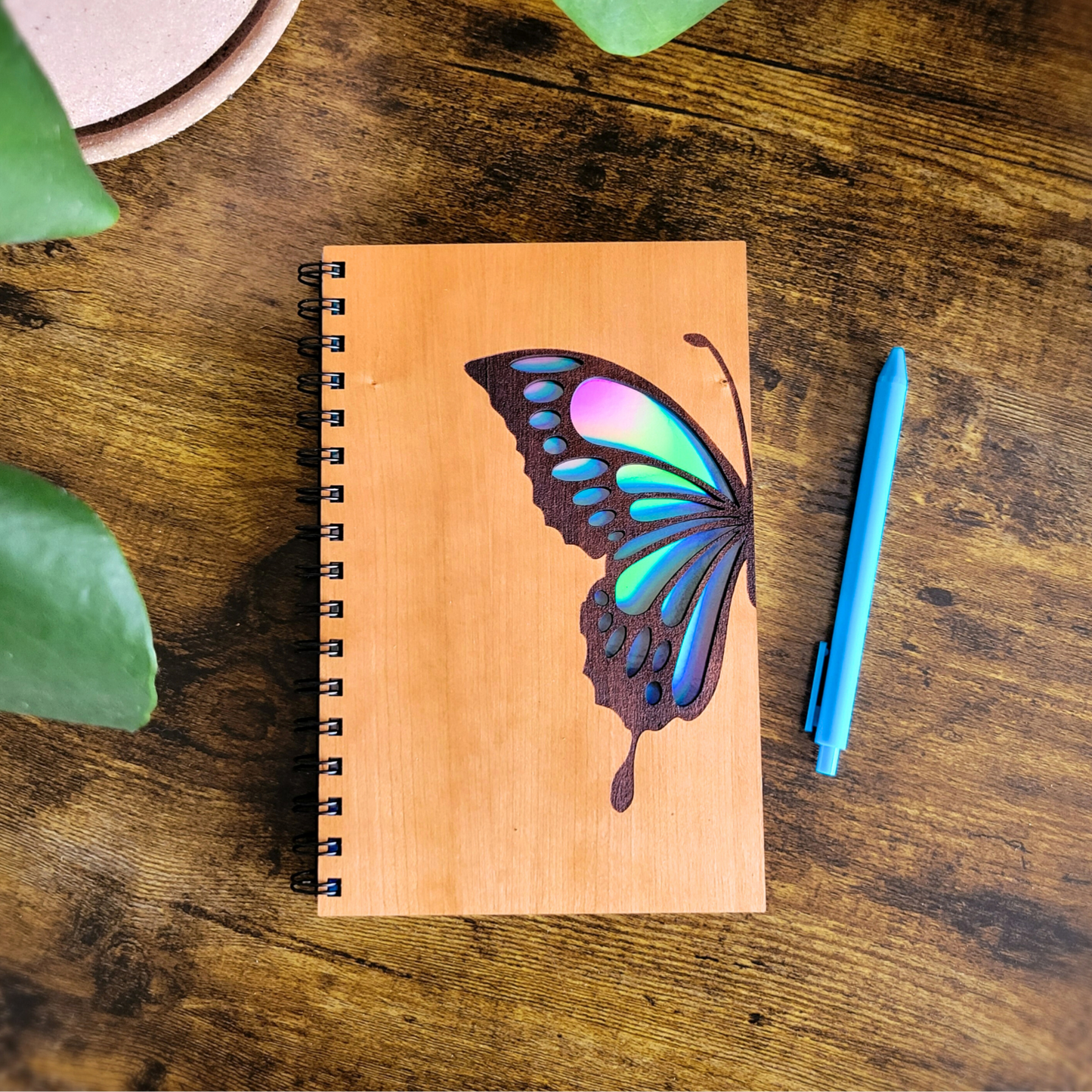 Journal - Blue butterfly wood journal - stationery, journals, notebook