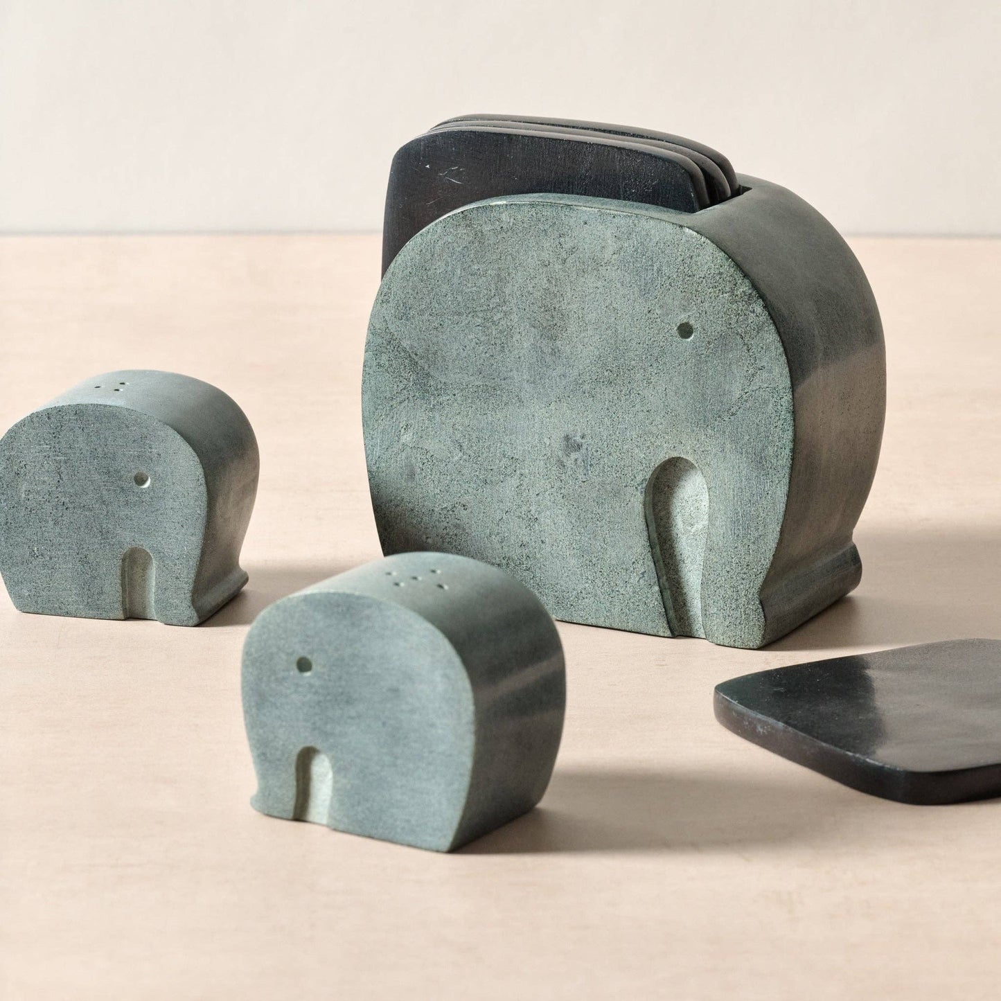 Ten Thousand Villages - Stone Elephant Holder and Coasters - Set of 4