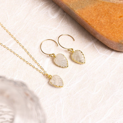 Moonstone Leaf Shape Gemstone Necklace and Earrings Set