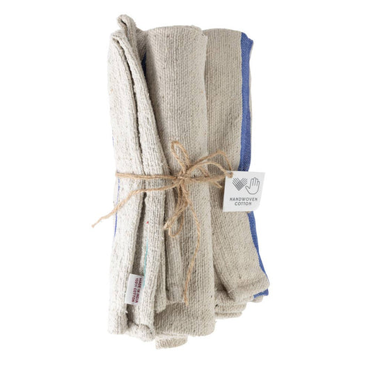 Blue Tan Wide Stripe Tea Towel Set - Set of Three