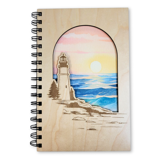 Journal - Beach lighthouse sunset wood journal