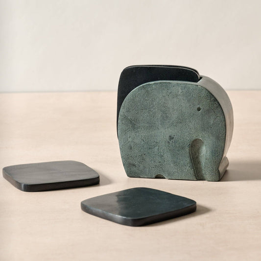 Ten Thousand Villages - Stone Elephant Holder and Coasters - Set of 4